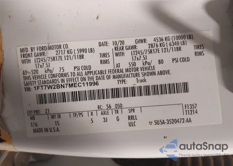 2021 Ford F250 Super Duty from USA, damaged, VIN 1FT7W2BN7MEC11996